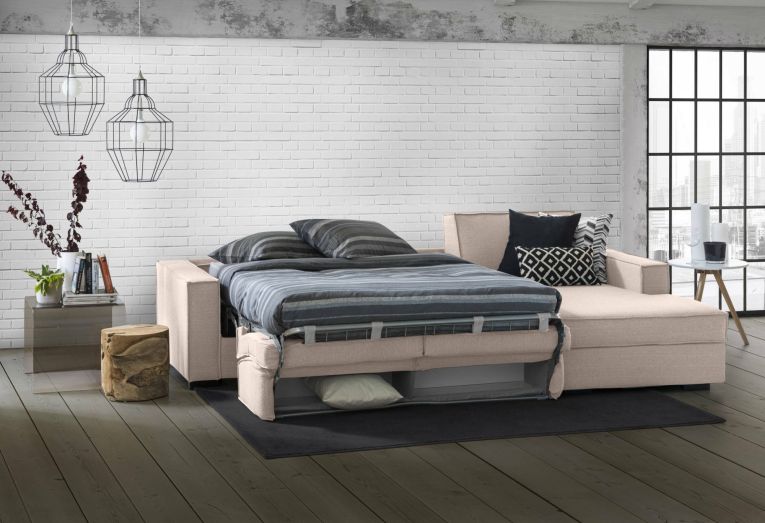 Divano Letto Adela, Divano ad angolo, 100% Made in Italy, Sofà con apertura girevole, Penisola contenitore Destra, con Braccioli standard, Cm 280x95h90, Tortora
