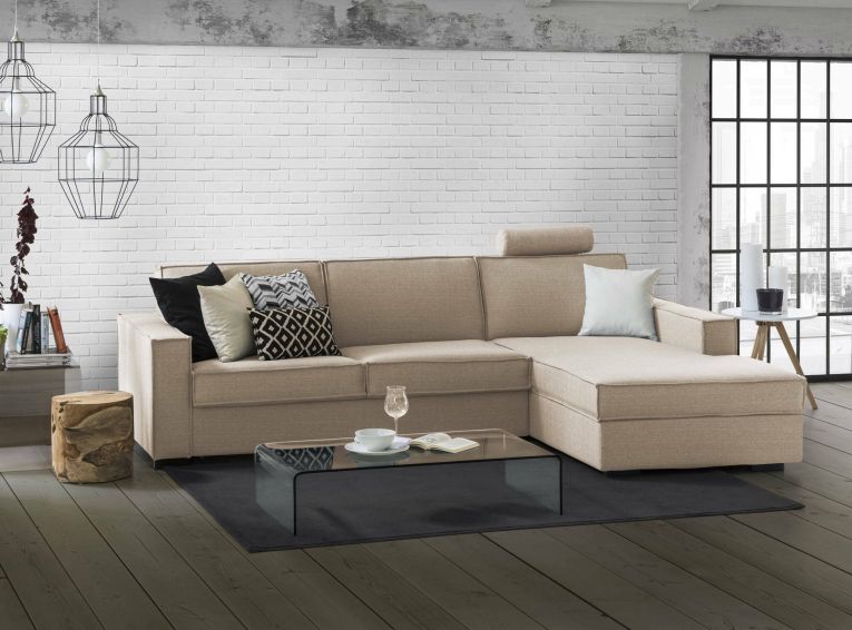 Divano Letto Adelia, Divano ad angolo, 100% Made in Italy, Sofà con apertura girevole, Penisola contenitore Destra, con Braccioli slim, Cm 260x95h90, Beige