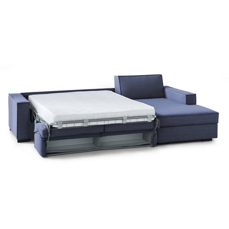 Divano Letto Adelia, Divano ad angolo, 100% Made in Italy, Sofà con apertura girevole, Penisola contenitore Destra, con Braccioli slim, Cm 260x95h90, Blu