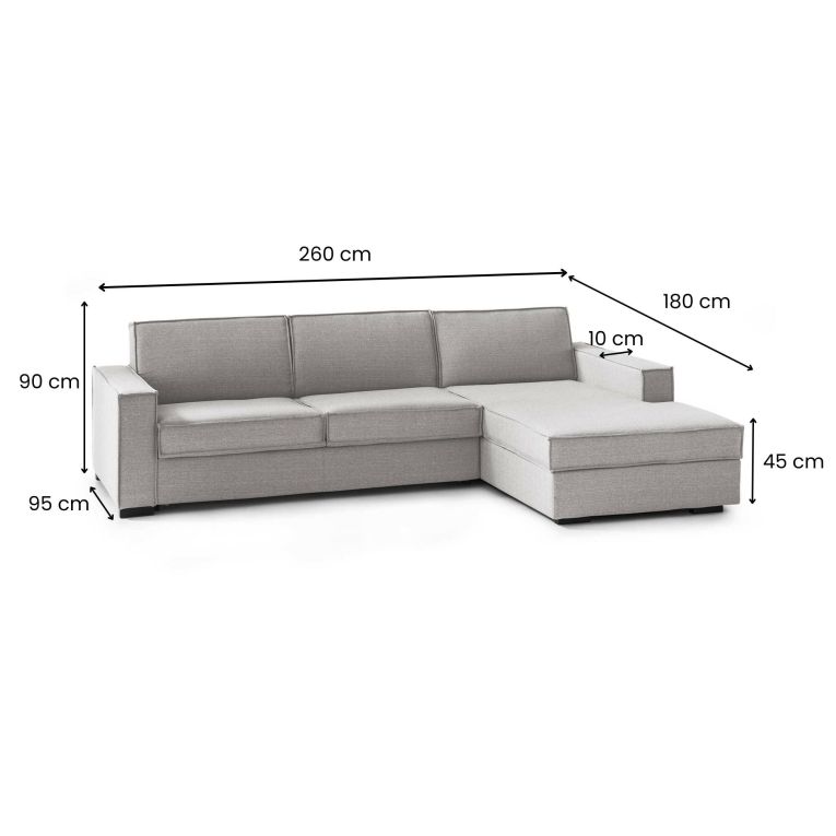 Divano Letto Adelia, Divano ad angolo, 100% Made in Italy, Sofà con apertura girevole, Penisola contenitore Destra, con Braccioli slim, Cm 260x95h90, Grigio