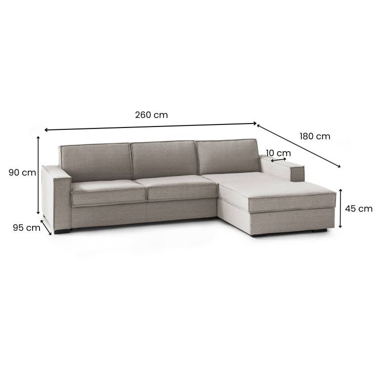Divano Letto Adelia, Divano ad angolo, 100% Made in Italy, Sofà con apertura girevole, Penisola contenitore Destra, con Braccioli slim, Cm 260x95h90, Tortora