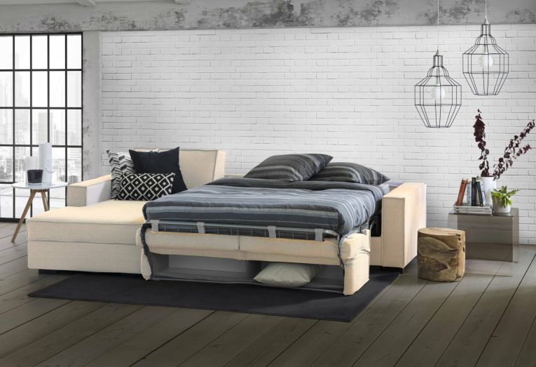 Divano Letto Adima, Divano ad angolo, 100% Made in Italy, Sofà con apertura girevole, Penisola contenitore Sinistra, con Braccioli slim, Cm 260x95h90, Beige