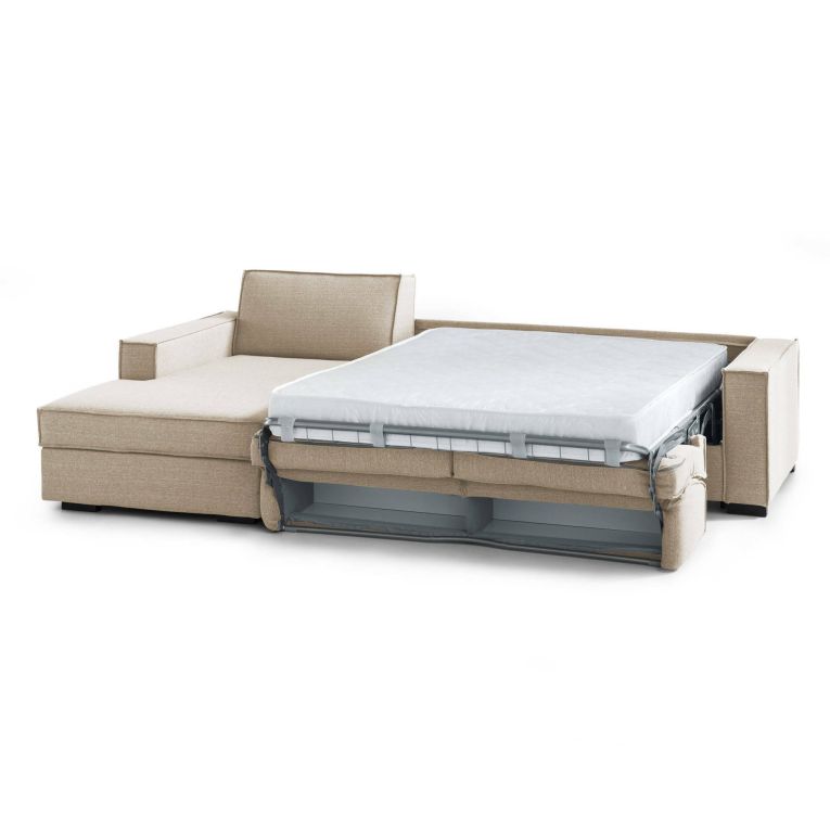 Divano Letto Adima, Divano ad angolo, 100% Made in Italy, Sofà con apertura girevole, Penisola contenitore Sinistra, con Braccioli slim, Cm 260x95h90, Beige