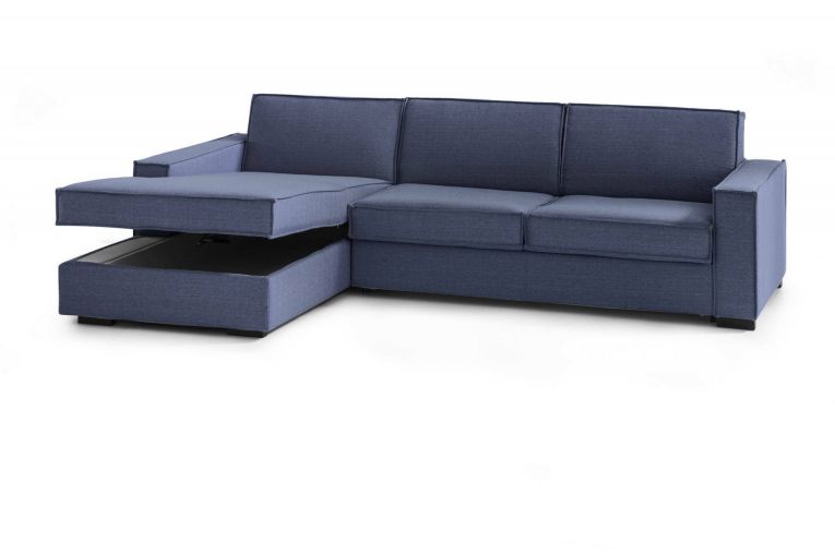 Divano Letto Adima, Divano ad angolo, 100% Made in Italy, Sofà con apertura girevole, Penisola contenitore Sinistra, con Braccioli slim, Cm 260x95h90, Blu