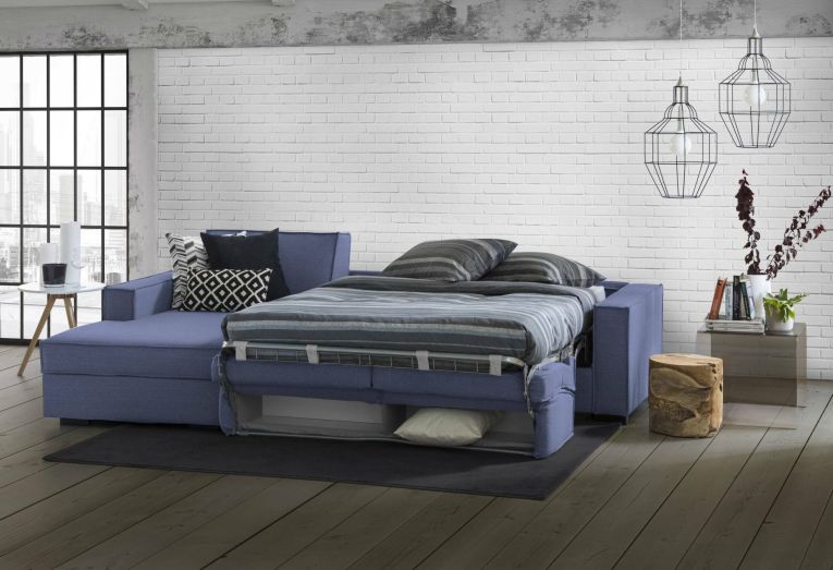 Divano Letto Adima, Divano ad angolo, 100% Made in Italy, Sofà con apertura girevole, Penisola contenitore Sinistra, con Braccioli slim, Cm 260x95h90, Blu