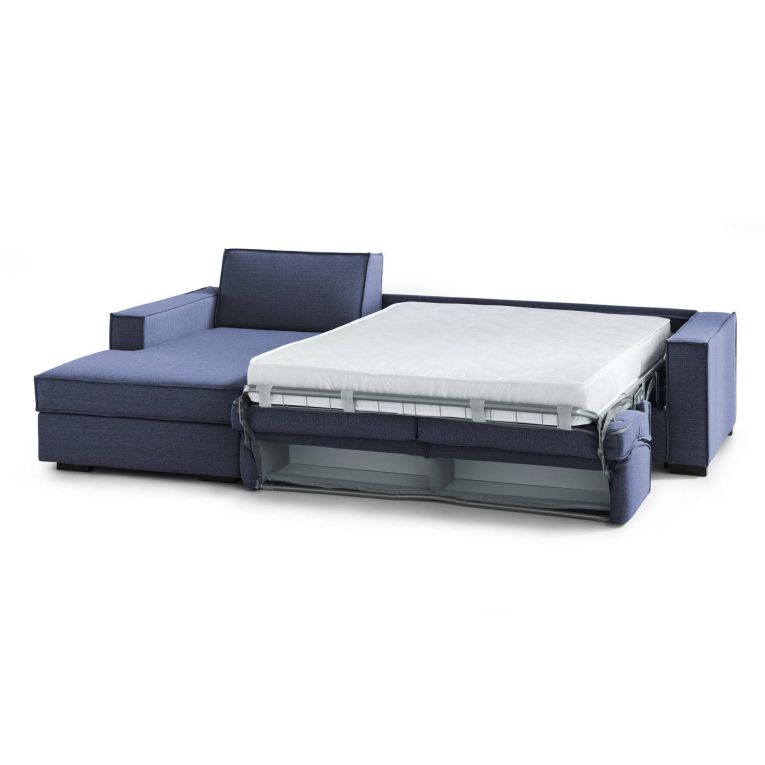 Divano Letto Adima, Divano ad angolo, 100% Made in Italy, Sofà con apertura girevole, Penisola contenitore Sinistra, con Braccioli slim, Cm 260x95h90, Blu