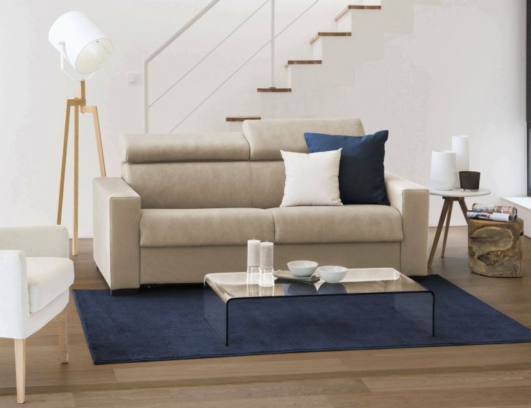 Divano Letto Agrippina, Divano a 2 posti Large, 100% Made in Italy, Sofà Soggiorno con apertura girevole, con poggiatesta regolabili e Braccioli standard, Cm 200x95h85, Beige