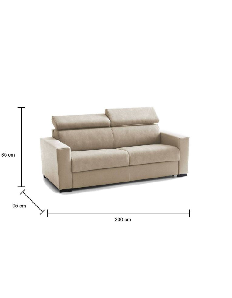Divano Letto Agrippina, Divano a 2 posti Large, 100% Made in Italy, Sofà Soggiorno con apertura girevole, con poggiatesta regolabili e Braccioli standard, Cm 200x95h85, Beige