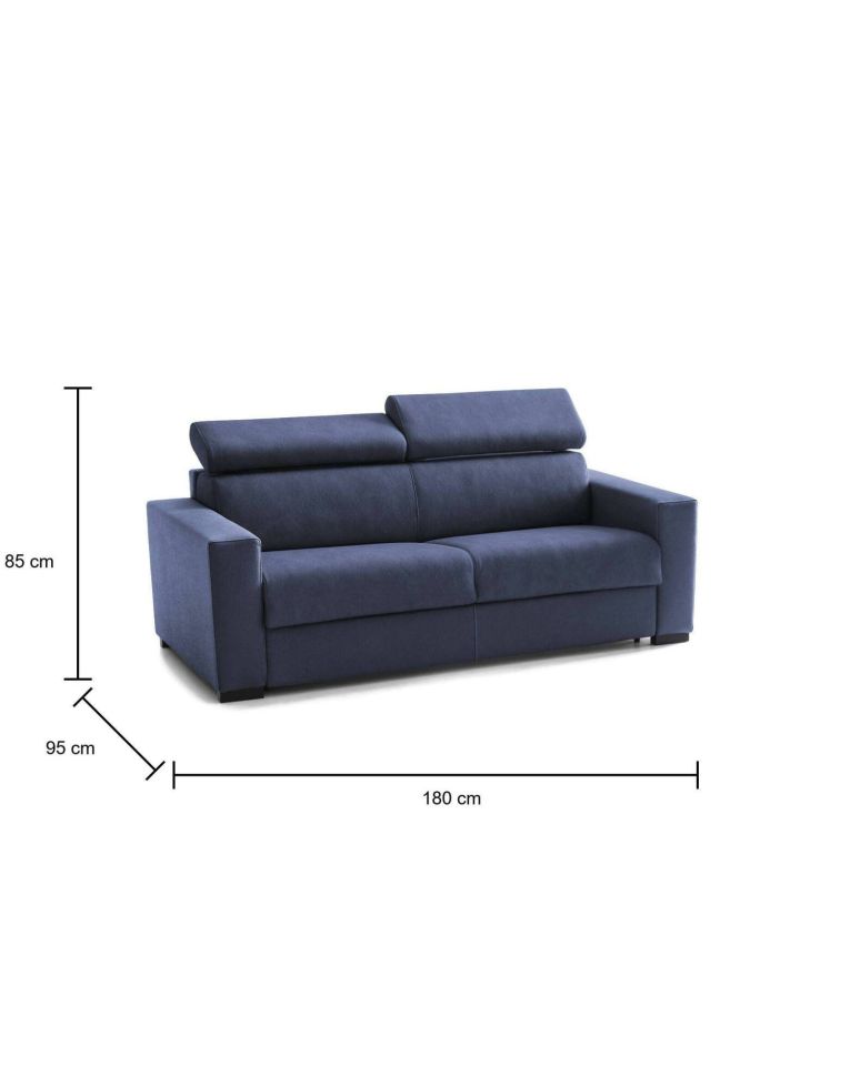 Divano Letto Aida, Divano a 2 posti Large, 100% Made in Italy, Sofà Soggiorno con apertura girevole, con poggiatesta regolabili e Braccioli slim, Cm 180x95h85, Blu