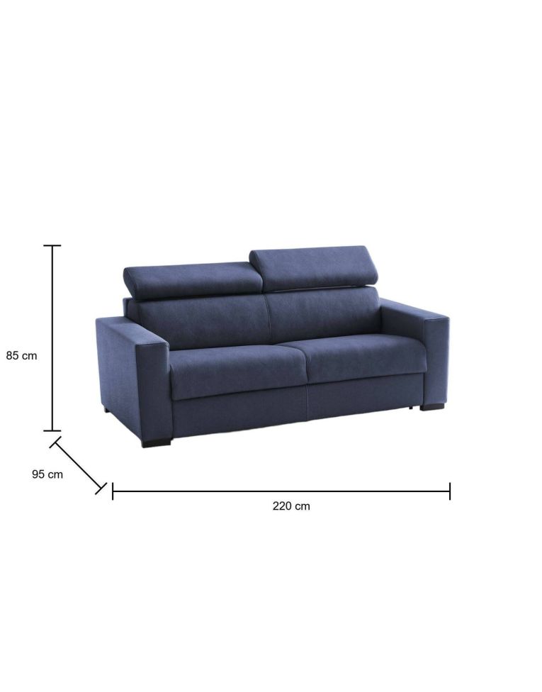 Divano Letto Aiko, Divano a 3 posti, 100% Made in Italy, Sofà Soggiorno con apertura girevole, con poggiatesta regolabili e Braccioli standard, Cm 220x95h85, Blu