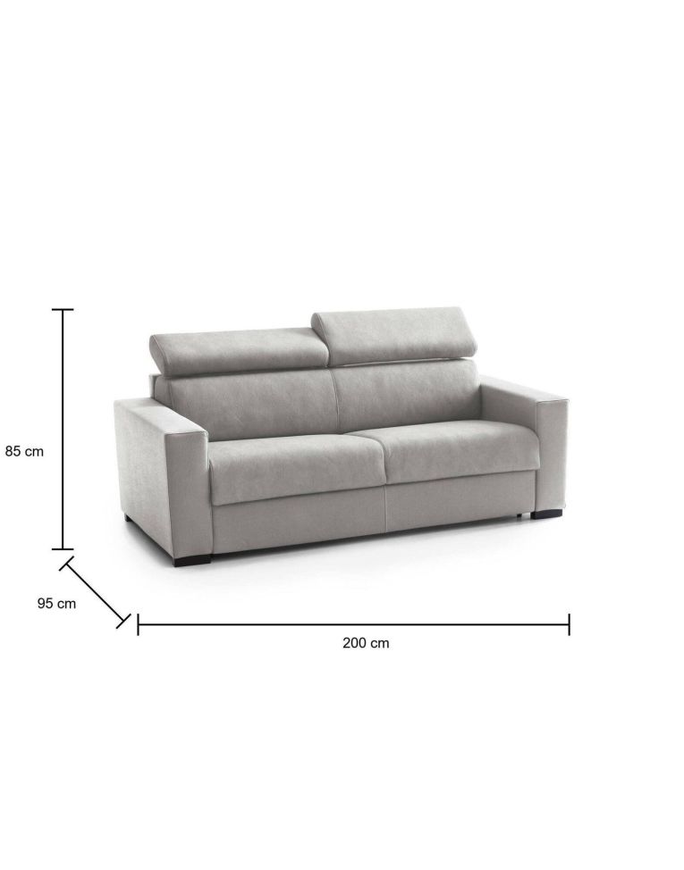 Divano Letto Aisha, Divano a 3 posti, 100% Made in Italy, Sofà Soggiorno con apertura girevole, con poggiatesta regolabili e Braccioli slim, Cm 200x95h85, Grigio