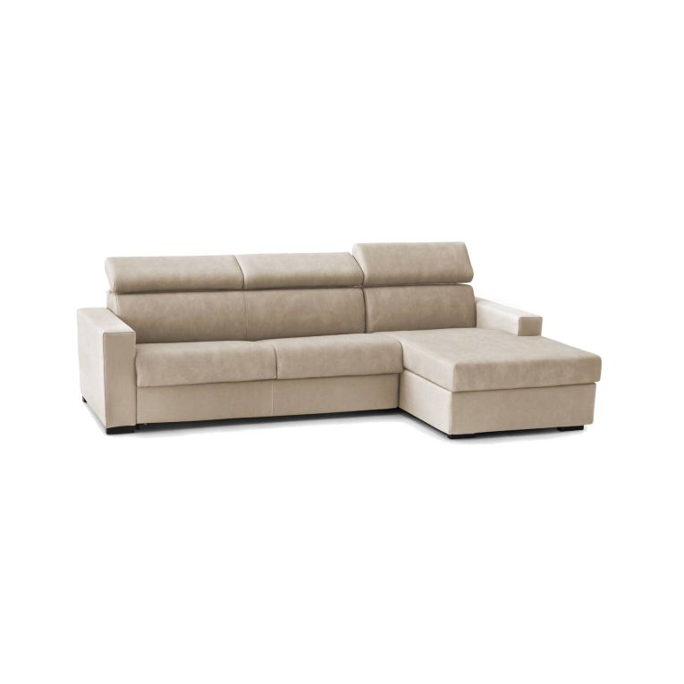 Divano Letto Alberta, Divano ad angolo, 100% Made in Italy, Sofà con apertura girevole, con Penisola contenitore Destra, con Braccioli standard, Cm 280x95h85, Beige