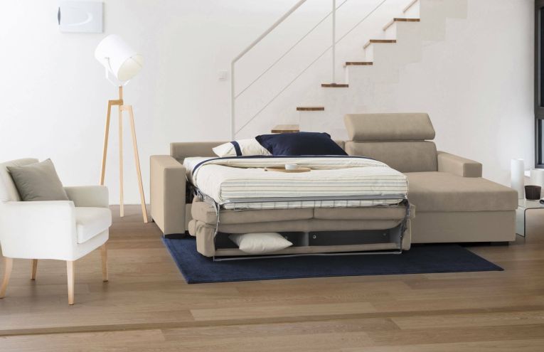 Divano Letto Alberta, Divano ad angolo, 100% Made in Italy, Sofà con apertura girevole, con Penisola contenitore Destra, con Braccioli standard, Cm 280x95h85, Beige