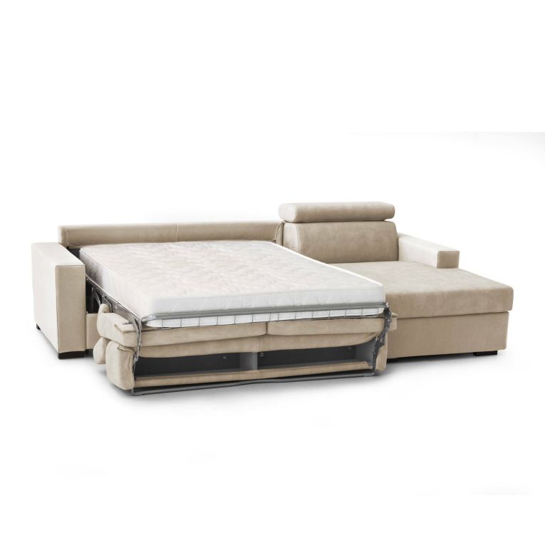 Divano Letto Alberta, Divano ad angolo, 100% Made in Italy, Sofà con apertura girevole, con Penisola contenitore Destra, con Braccioli standard, Cm 280x95h85, Beige