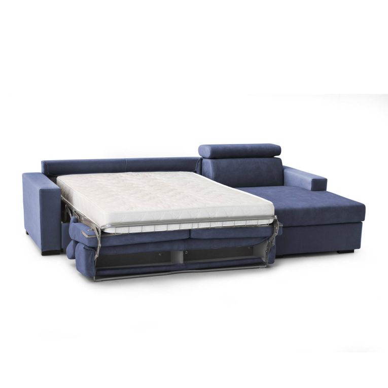 Divano Letto Alberta, Divano ad angolo, 100% Made in Italy, Sofà con apertura girevole, con Penisola contenitore Destra, con Braccioli standard, Cm 280x95h85, Blu