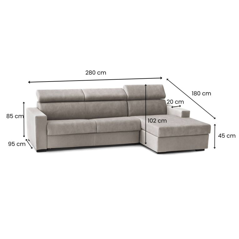 Divano Letto Alberta, Divano ad angolo, 100% Made in Italy, Sofà con apertura girevole, con Penisola contenitore Destra, con Braccioli standard, Cm 280x95h85, Tortora