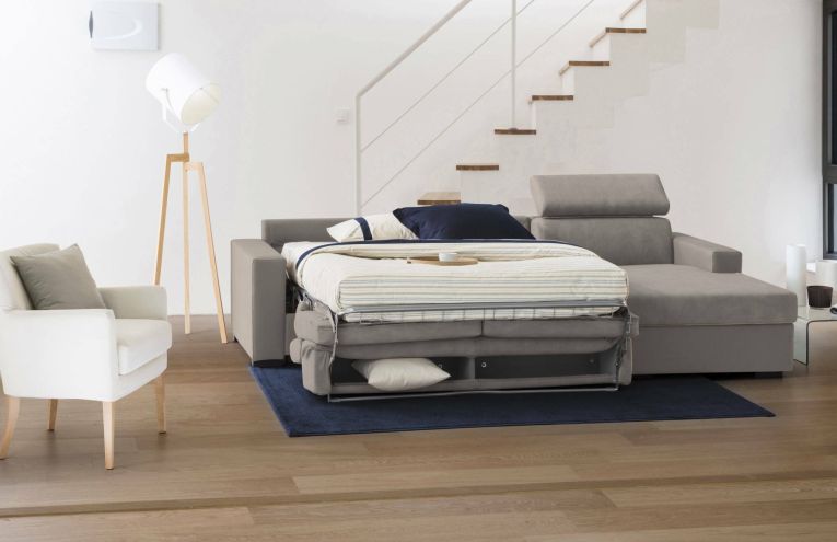 Divano Letto Alberta, Divano ad angolo, 100% Made in Italy, Sofà con apertura girevole, con Penisola contenitore Destra, con Braccioli standard, Cm 280x95h85, Tortora
