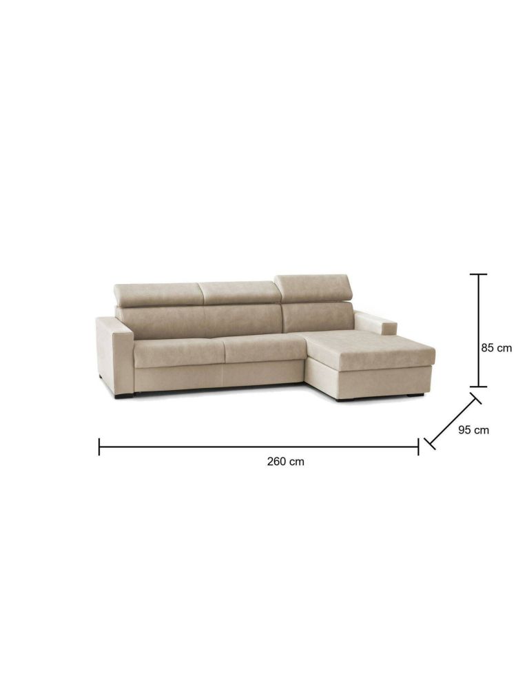 Divano Letto Alceste, Divano ad angolo, 100% Made in Italy, Sofà con apertura girevole, con Penisola contenitore Destra, con Braccioli slim, Cm 260x95h85, Beige