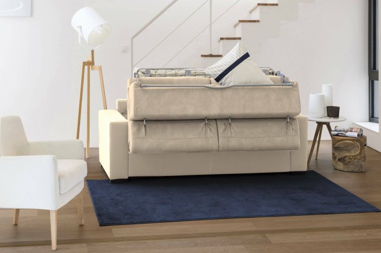 Divano Letto Alceste, Divano ad angolo, 100% Made in Italy, Sofà con apertura girevole, con Penisola contenitore Destra, con Braccioli slim, Cm 260x95h85, Beige