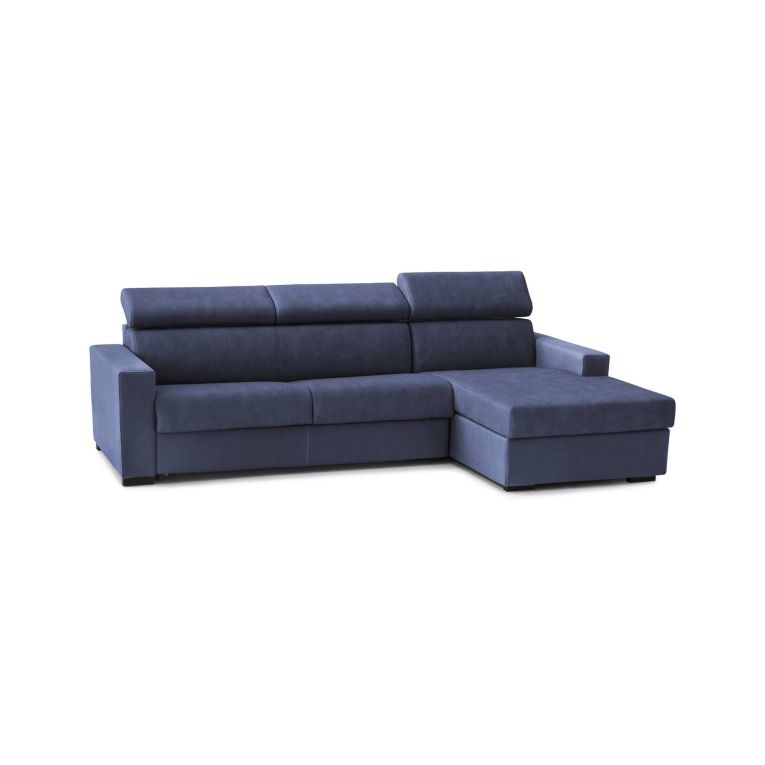 Divano Letto Alceste, Divano ad angolo, 100% Made in Italy, Sofà con apertura girevole, con Penisola contenitore Destra, con Braccioli slim, Cm 260x95h85, Blu