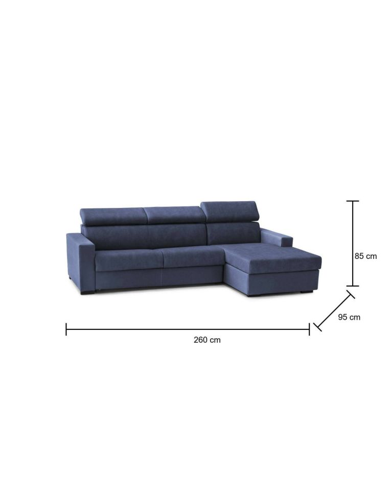Divano Letto Alceste, Divano ad angolo, 100% Made in Italy, Sofà con apertura girevole, con Penisola contenitore Destra, con Braccioli slim, Cm 260x95h85, Blu