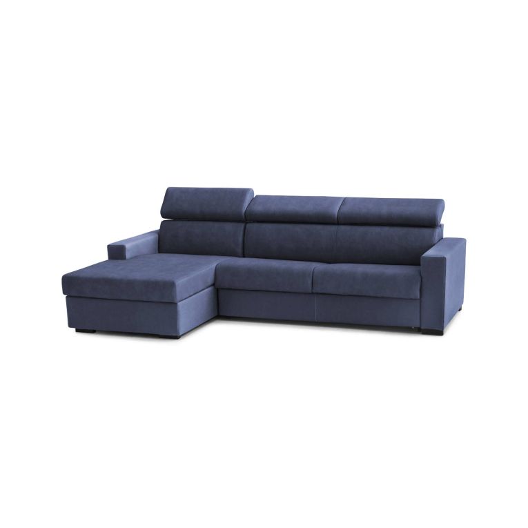 Divano Letto Alda, Divano ad angolo, 100% Made in Italy, Sofà con apertura girevole, con Penisola contenitore Sinistra, con Braccioli standard, Cm 280x95h85, Blu