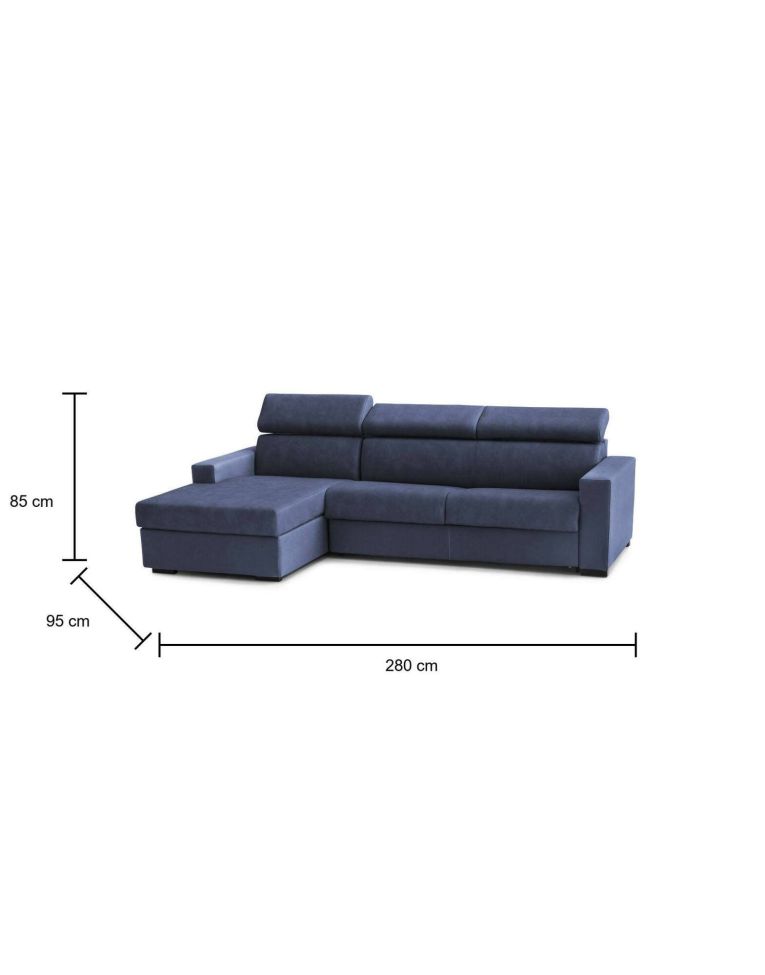 Divano Letto Alda, Divano ad angolo, 100% Made in Italy, Sofà con apertura girevole, con Penisola contenitore Sinistra, con Braccioli standard, Cm 280x95h85, Blu