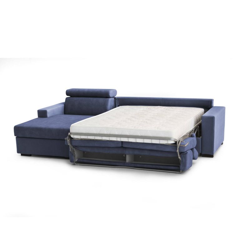 Divano Letto Alda, Divano ad angolo, 100% Made in Italy, Sofà con apertura girevole, con Penisola contenitore Sinistra, con Braccioli standard, Cm 280x95h85, Blu