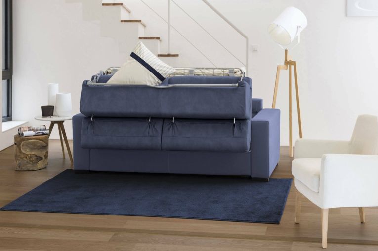 Divano Letto Alda, Divano ad angolo, 100% Made in Italy, Sofà con apertura girevole, con Penisola contenitore Sinistra, con Braccioli standard, Cm 280x95h85, Blu