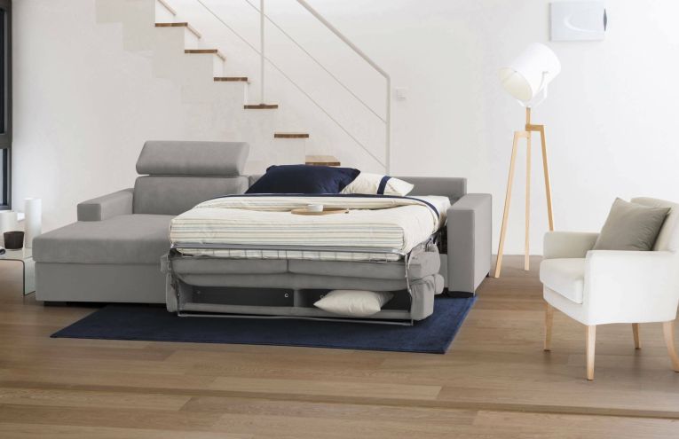 Divano Letto Alda, Divano ad angolo, 100% Made in Italy, Sofà con apertura girevole, con Penisola contenitore Sinistra, con Braccioli standard, Cm 280x95h85, Grigio