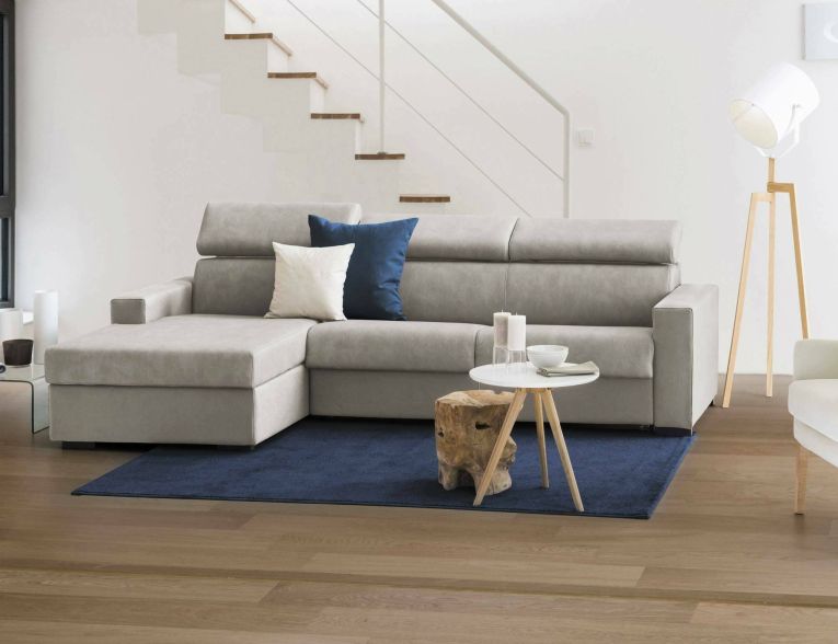 Divano Letto Alda, Divano ad angolo, 100% Made in Italy, Sofà con apertura girevole, con Penisola contenitore Sinistra, con Braccioli standard, Cm 280x95h85, Tortora