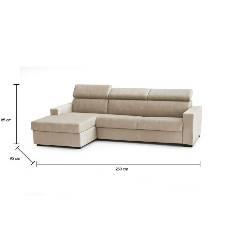 Divano Letto Aleandra, Divano ad angolo, 100% Made in Italy, Sofà con apertura girevole, con Penisola contenitore Sinistra, con Braccioli slim, Cm 260x95h85, Beige