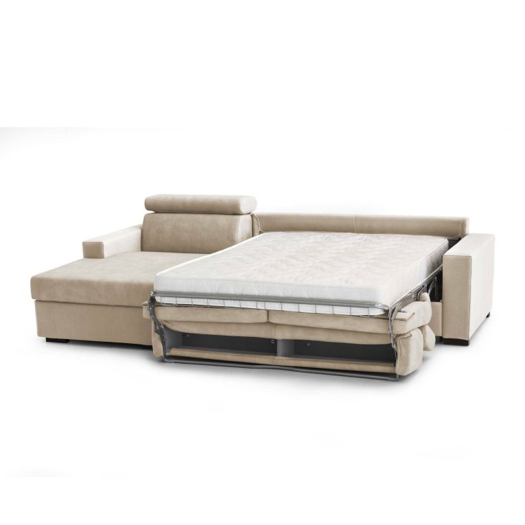 Divano Letto Aleandra, Divano ad angolo, 100% Made in Italy, Sofà con apertura girevole, con Penisola contenitore Sinistra, con Braccioli slim, Cm 260x95h85, Beige