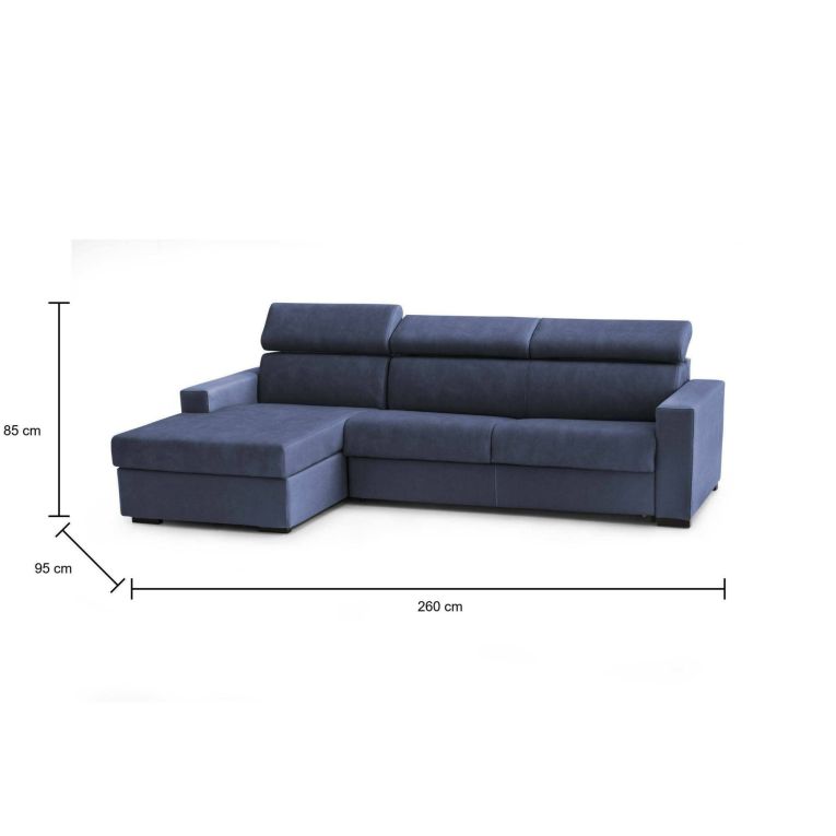 Divano Letto Aleandra, Divano ad angolo, 100% Made in Italy, Sofà con apertura girevole, con Penisola contenitore Sinistra, con Braccioli slim, Cm 260x95h85, Blu
