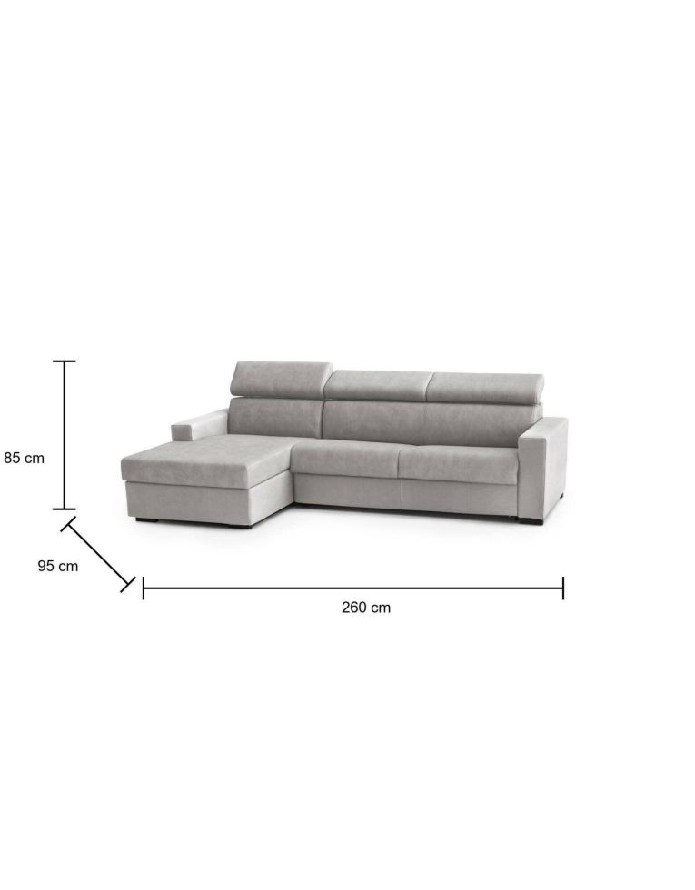 Divano Letto Aleandra, Divano ad angolo, 100% Made in Italy, Sofà con apertura girevole, con Penisola contenitore Sinistra, con Braccioli slim, Cm 260x95h85, Grigio