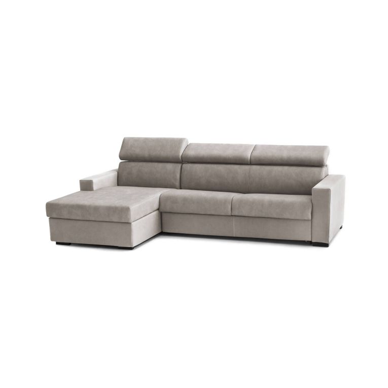 Divano Letto Aleandra, Divano ad angolo, 100% Made in Italy, Sofà con apertura girevole, con Penisola contenitore Sinistra, con Braccioli slim, Cm 260x95h85, Tortora