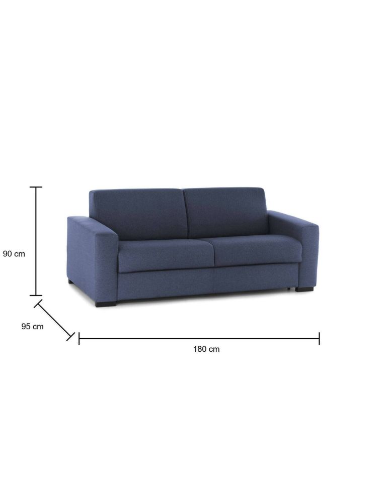 Divano Letto Aleida, Divano a 2 posti, 100% Made in Italy, Sofà Soggiorno con apertura girevole, in tessuto imbottito, con Braccioli standard, Cm 180x95h90, Blu