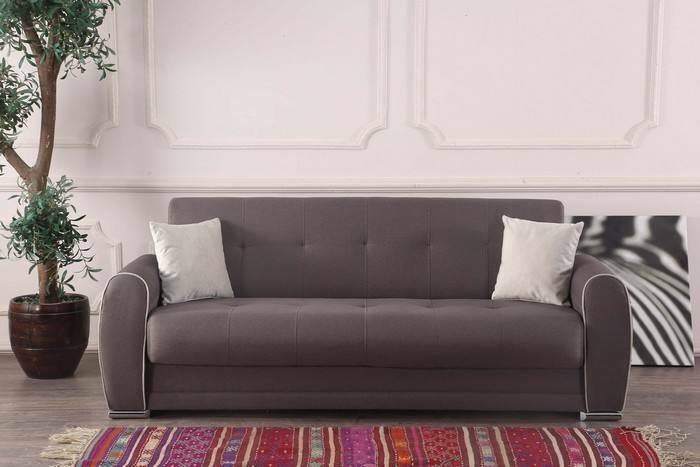 Divano letto Alejandro, Divano letto contenitore a 3 posti con 2 cuscini inclusi, Sofà da soggiorno in tessuto imbottito con apertura click-clack, 224x85h87 cm, Grigio Chiaro