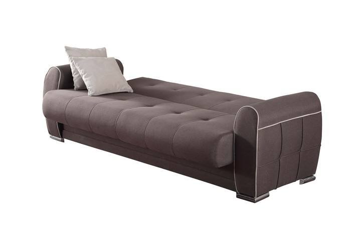 Divano letto Alejandro, Divano letto contenitore a 3 posti con 2 cuscini inclusi, Sofà da soggiorno in tessuto imbottito con apertura click-clack, 224x85h87 cm, Grigio Chiaro