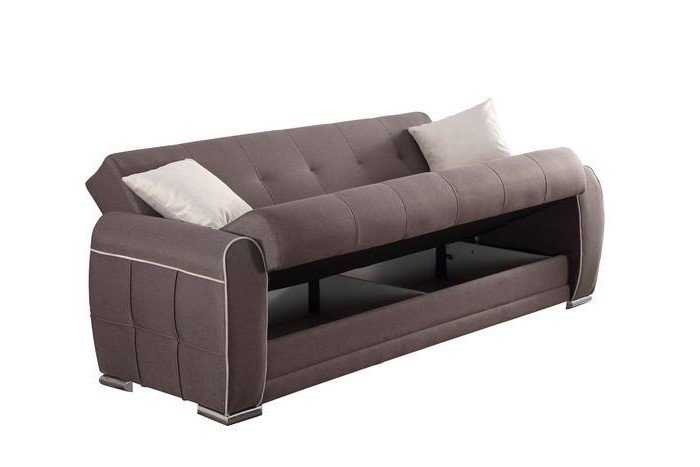 Divano letto Alejandro, Divano letto contenitore a 3 posti con 2 cuscini inclusi, Sofà da soggiorno in tessuto imbottito con apertura click-clack, 224x85h87 cm, Grigio Chiaro