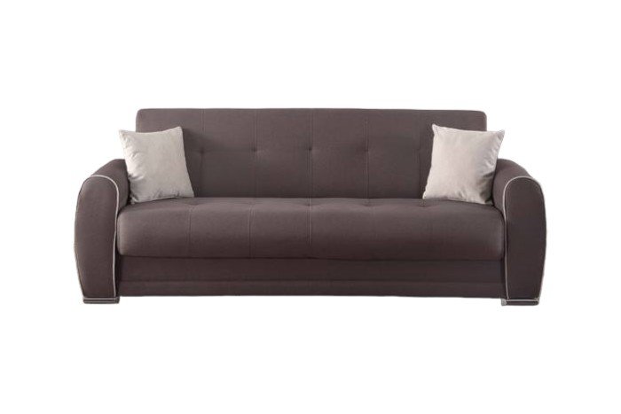 Divano letto Alejandro, Divano letto contenitore a 3 posti con 2 cuscini inclusi, Sofà da soggiorno in tessuto imbottito con apertura click-clack, 224x85h87 cm, Grigio Chiaro