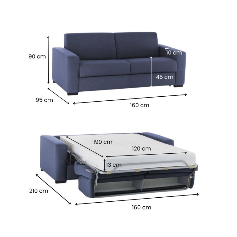 Divano Letto Alena, Divano a 2 posti, 100% Made in Italy, Sofà Soggiorno con apertura girevole, in tessuto imbottito, con Braccioli slim, Cm 160x95h90, Blu