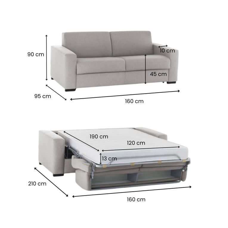 Divano Letto Alena, Divano a 2 posti, 100% Made in Italy, Sofà Soggiorno con apertura girevole, in tessuto imbottito, con Braccioli slim, Cm 160x95h90, Grigio