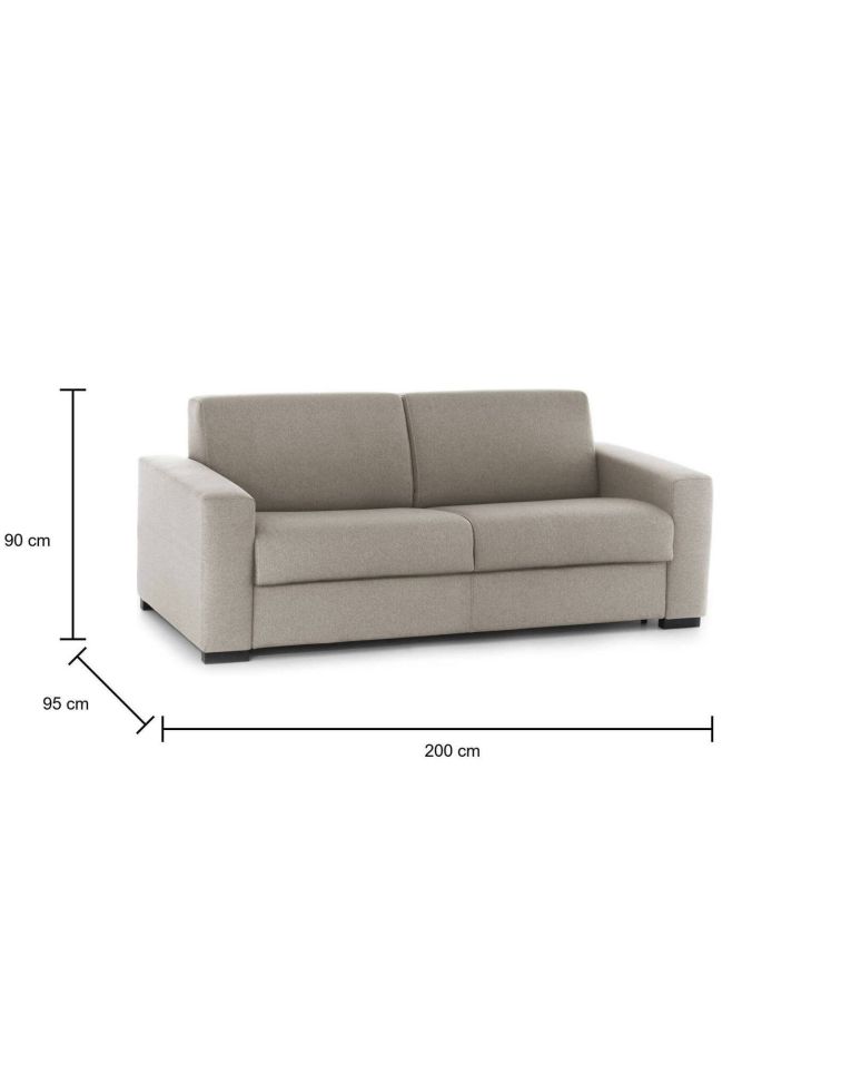 Divano Letto Alexis, Divano a 2 posti Large, 100% Made in Italy, Sofà Soggiorno con apertura girevole, in tessuto imbottito, con Braccioli standard, Cm 200x95h90, Tortora