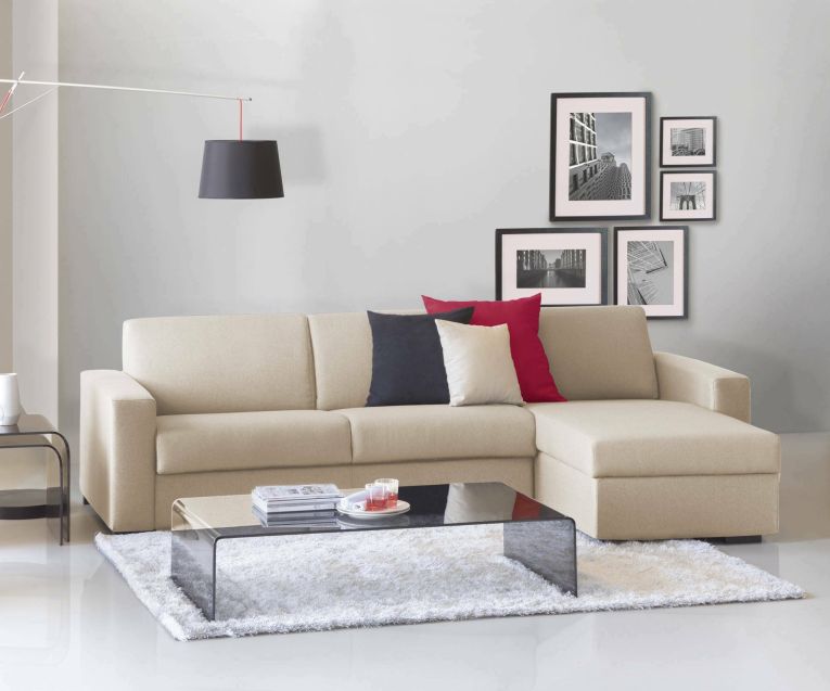 Divano Letto Alicya, Divano ad angolo, 100% Made in Italy, Sofà con apertura girevole, con Penisola contenitore reversibile, con Braccioli standard, Cm 280x95h90, Beige