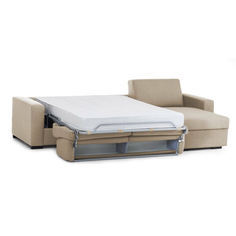 Divano Letto Alicya, Divano ad angolo, 100% Made in Italy, Sofà con apertura girevole, con Penisola contenitore reversibile, con Braccioli standard, Cm 280x95h90, Beige