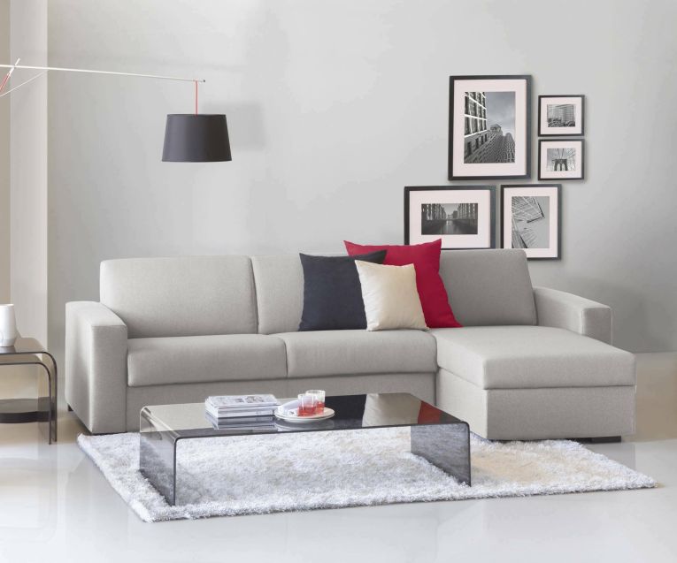 Divano Letto Alisea, Divano ad angolo, 100% Made in Italy, Sofà con apertura girevole, con Penisola contenitore reversibile, con Braccioli slim, Cm 260x95h90, Grigio