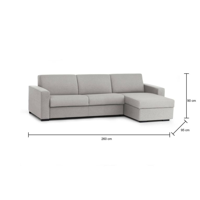Divano Letto Alisea, Divano ad angolo, 100% Made in Italy, Sofà con apertura girevole, con Penisola contenitore reversibile, con Braccioli slim, Cm 260x95h90, Grigio