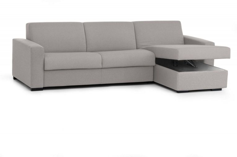 Divano Letto Alisea, Divano ad angolo, 100% Made in Italy, Sofà con apertura girevole, con Penisola contenitore reversibile, con Braccioli slim, Cm 260x95h90, Grigio