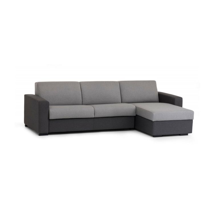 Divano Letto Alisea, Divano ad angolo, 100% Made in Italy, Sofà con apertura girevole, con Penisola contenitore reversibile, con Braccioli slim, Cm 260x95h90, Grigio e Antracite